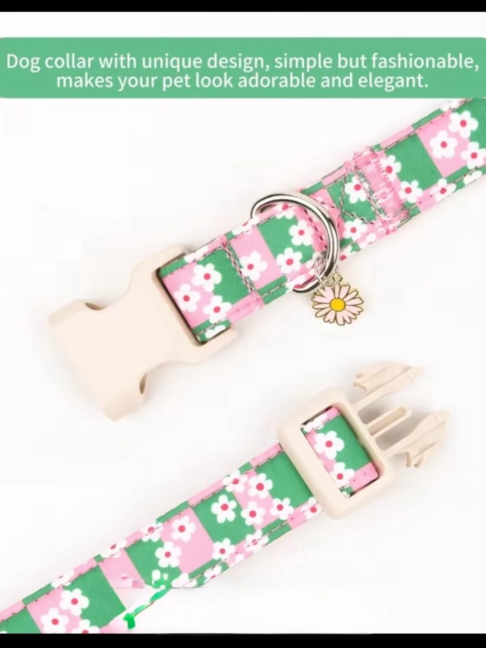 Pink & Green Floral Dog Collar. Size Medium. Adjustable, soft, lightweight.